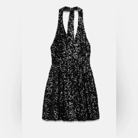Zara Women Mini Dress XS Black Sequin Halter Party Cocktail 9808/574 NWOT - Picture 1 of 11